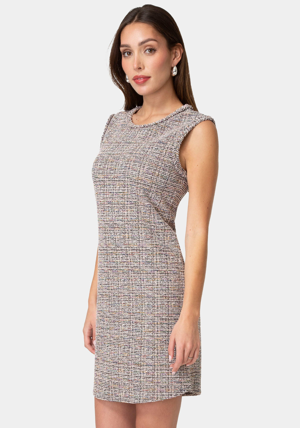 Side View-Cap Sleeve Dress Boucle-Pink/Multi