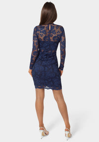 Back View-Long Sleeve Illusion Mini Dress-NAVY