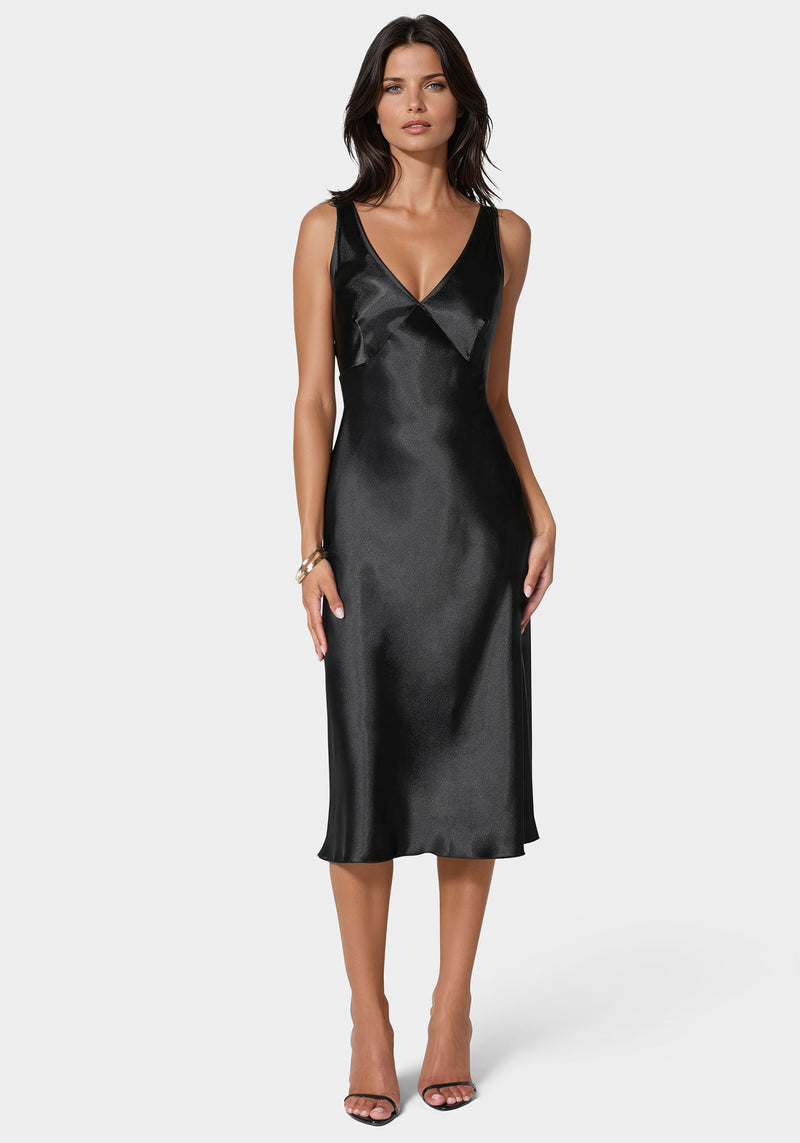 パーティードレス Lace-trimmed Silk Satin Midi Dress Black Lace-trimmed silk-satin midi dress | SAINT LAURENT