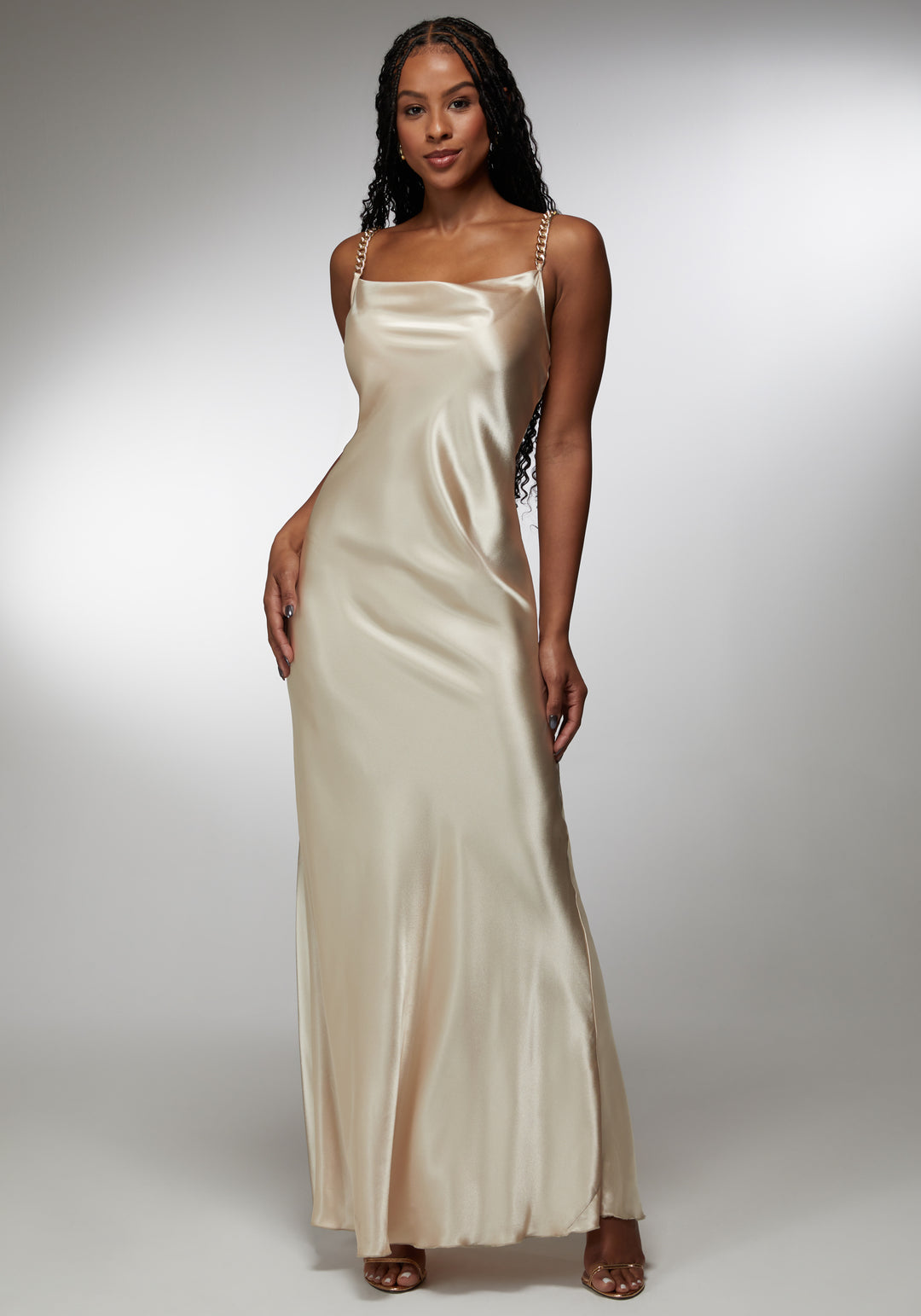 Satin Maxi With Gold Chain Straps bebe Satin Maxi With Gold Chain Straps bebe