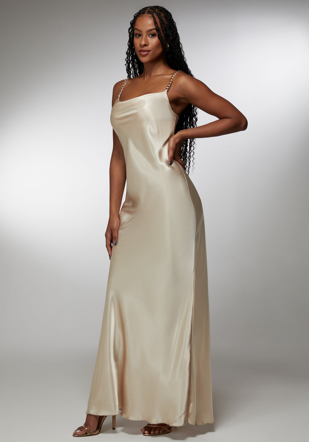Satin Maxi With Gold Chain Straps bebe Satin Maxi With Gold Chain Straps bebe