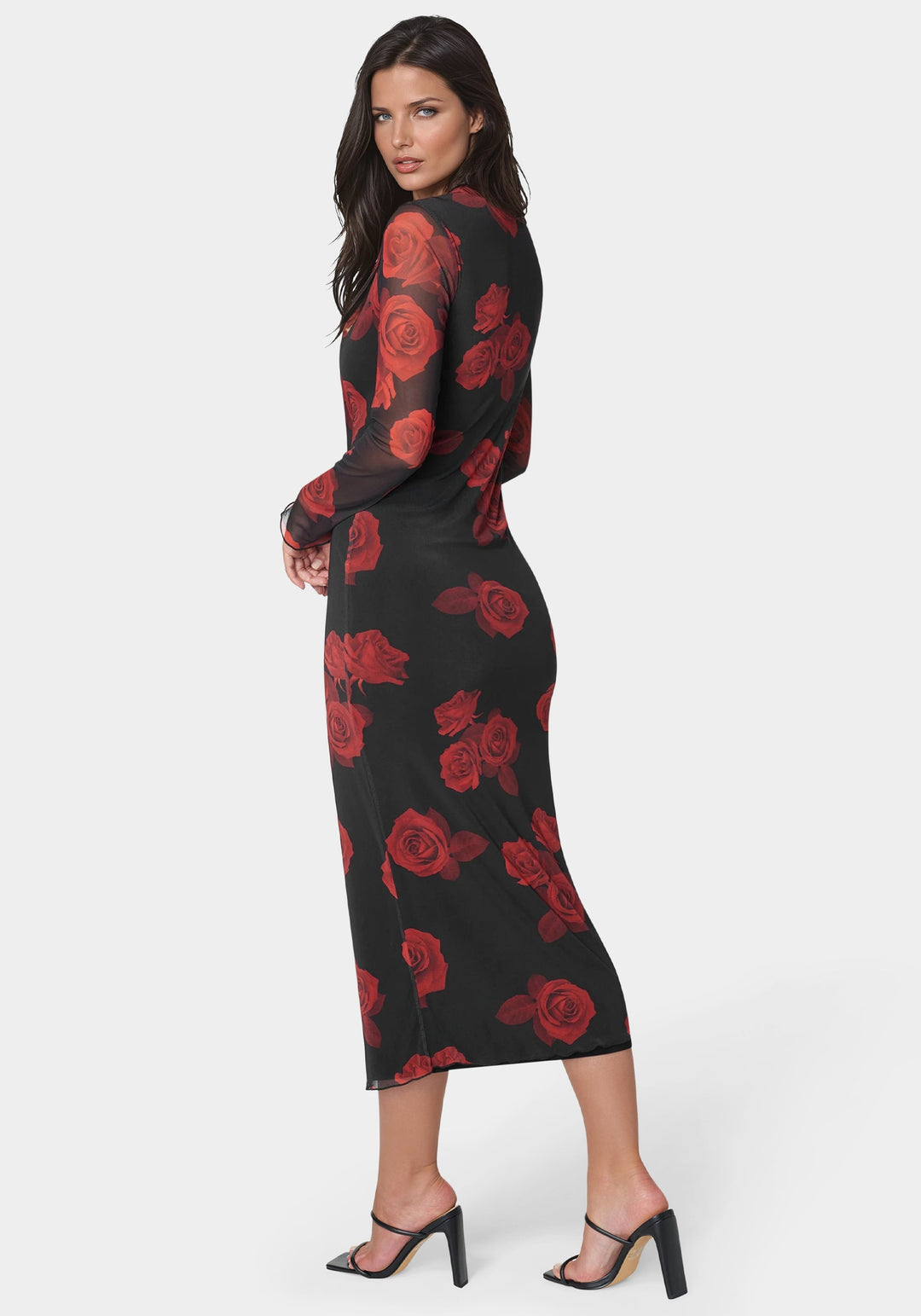 Bebe Women's Long Sleeve Printed Powermesh Maxi - Black/Red Bebe Women's Long Sleeve Printed Powermesh Maxi - Black/Red