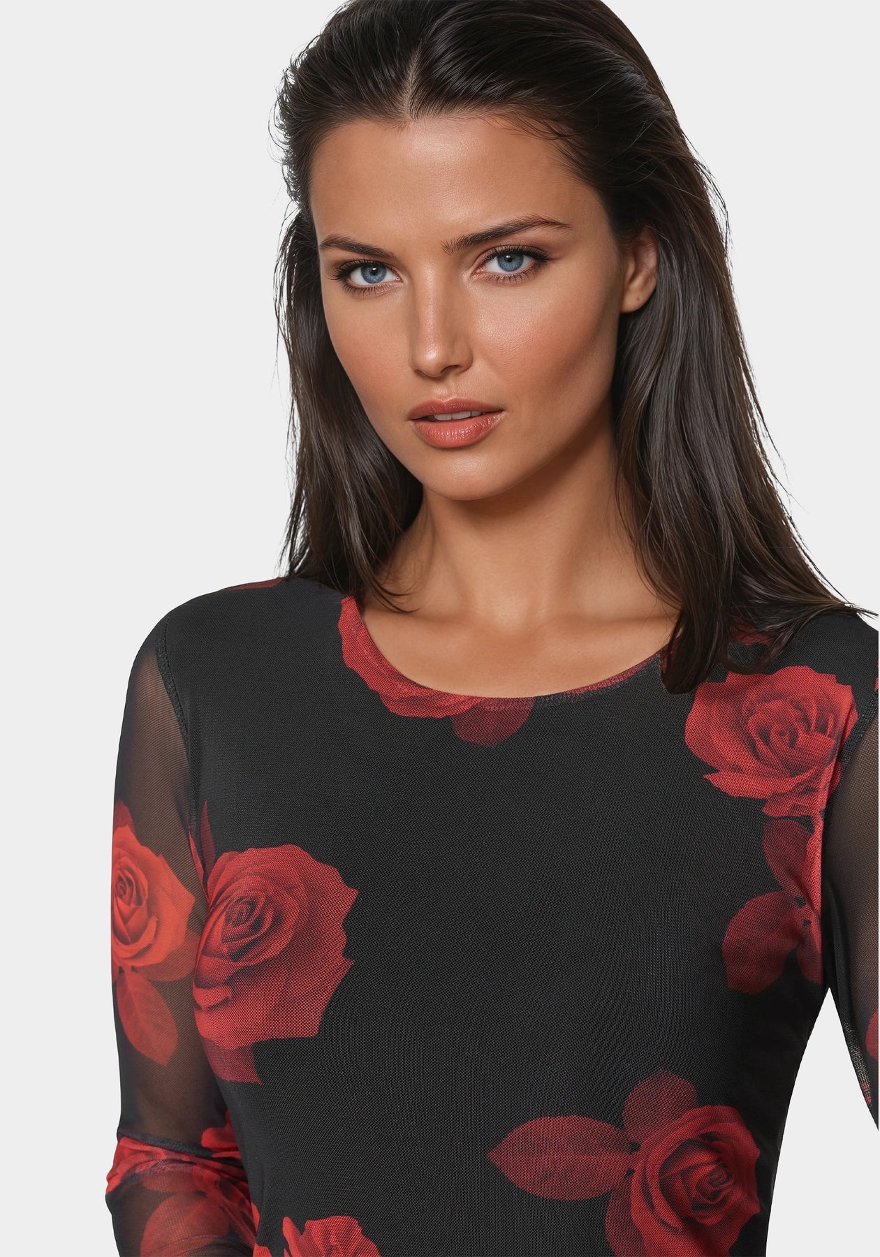 Bebe Women's Long Sleeve Printed Powermesh Maxi - Black/Red Bebe Women's Long Sleeve Printed Powermesh Maxi - Black/Red