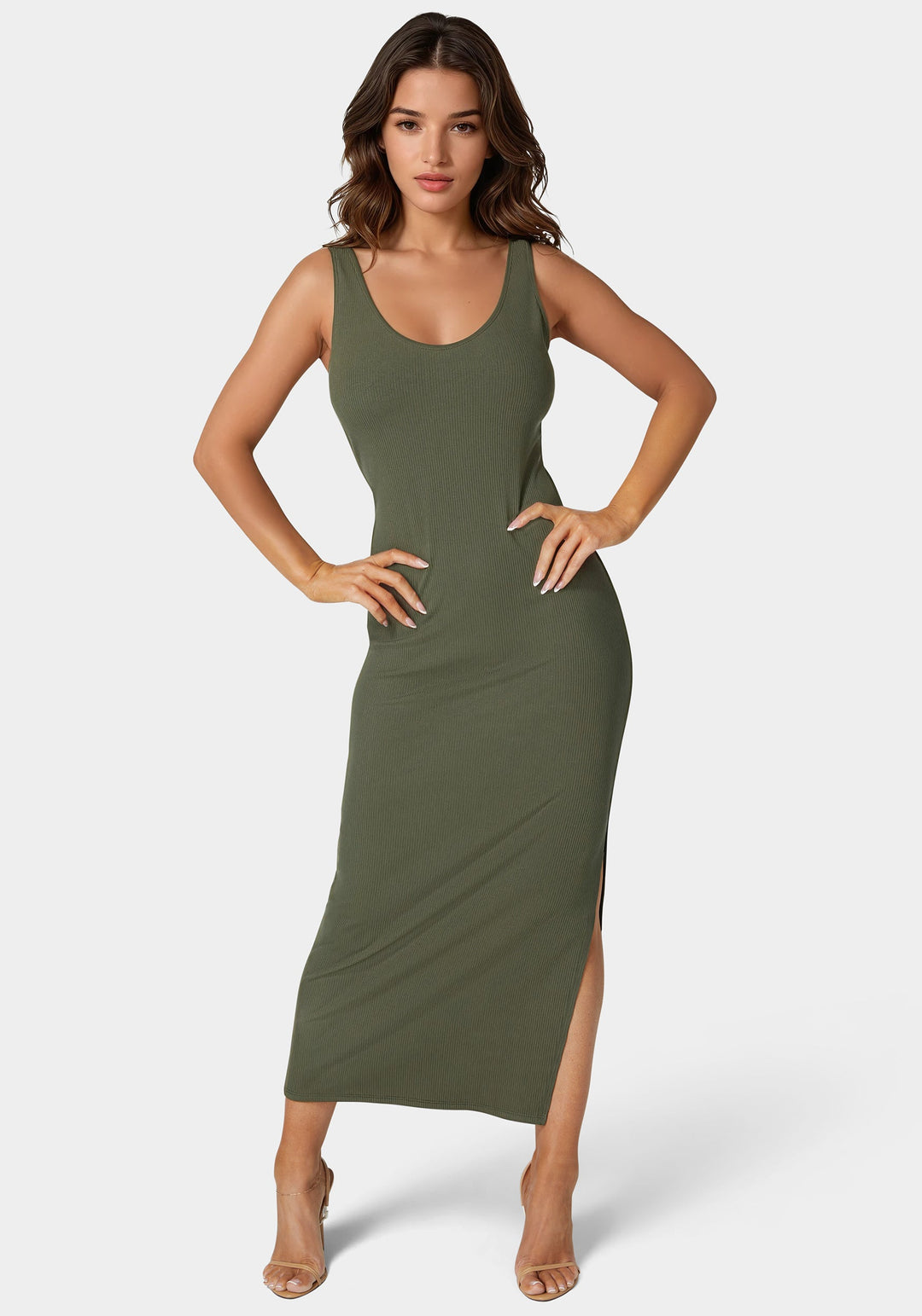 Bebe Women's V-Neck Tank Rib Maxi Dress - Olive Bebe Women's V-Neck Tank Rib Maxi Dress - Olive