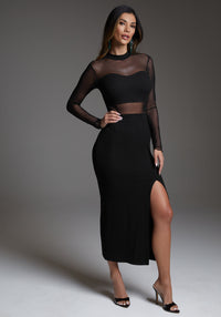 rib mock neck maxi dress with powermesh strapless open back dress Bebe Women's Rib Mock Neck Maxi Dress with Powermesh