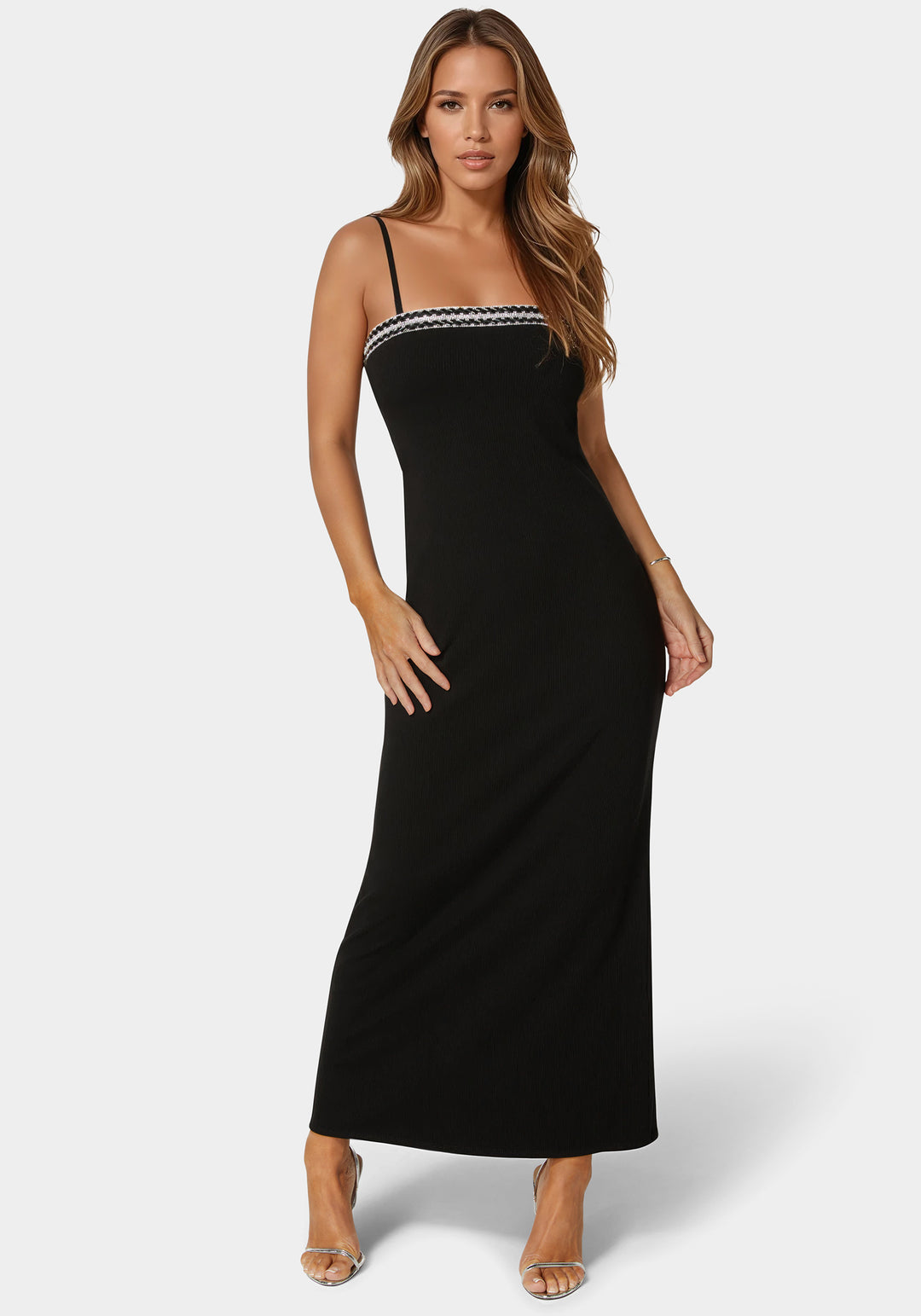 Diamond Trim Rib Maxi Dress bebe Diamond Trim Rib Maxi Dress bebe