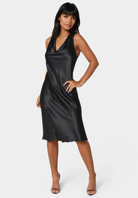 black satin off the shoulder draped skirt midi dress Women's Black Satin Off The Shoulder Draped Skirt Midi Dress