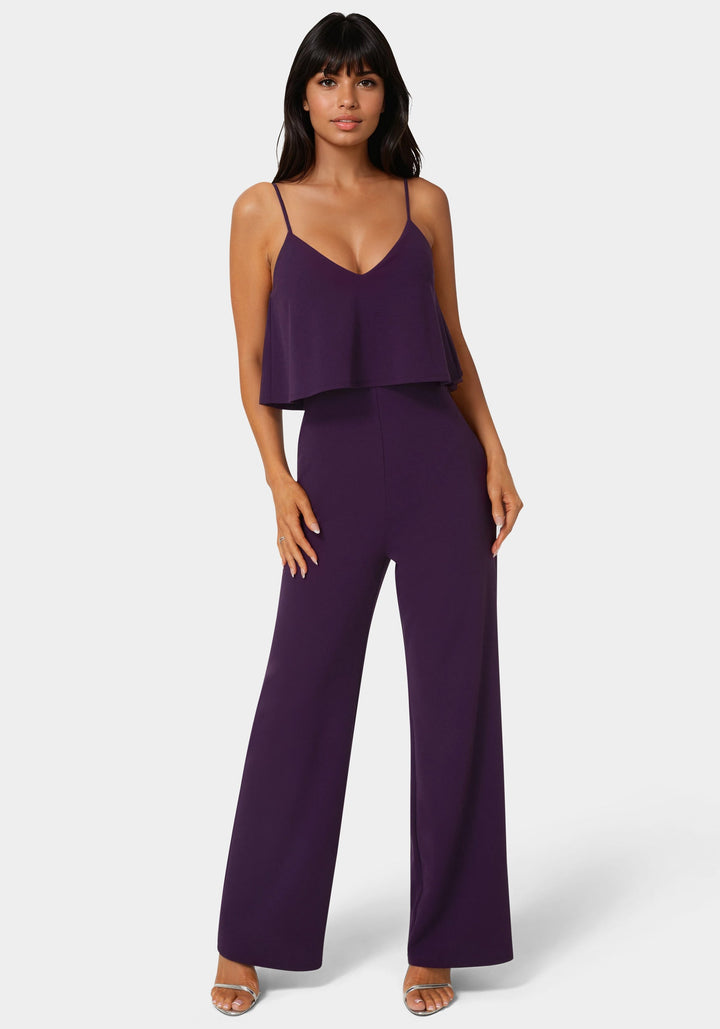 Front View-Ruffle Wide Leg Jumpsuit-EGGPLANT