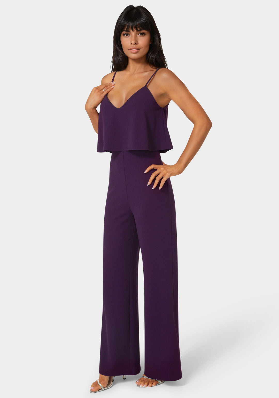 Side View-Ruffle Wide Leg Jumpsuit-EGGPLANT