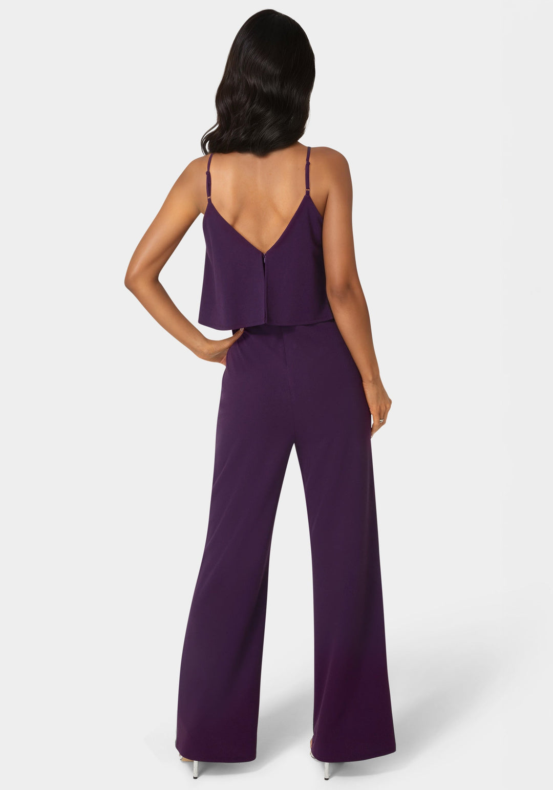 Back View-Ruffle Wide Leg Jumpsuit-EGGPLANT