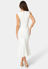 Back View-Cap Sleeve Bandage Flounce Dress-White
