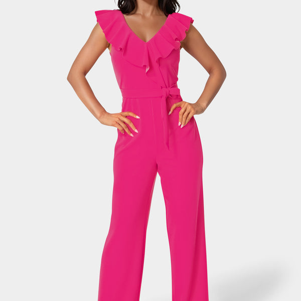 Front View-V-Neck Ruffle Scuba Crepe Jumpsuit-Fuchsia