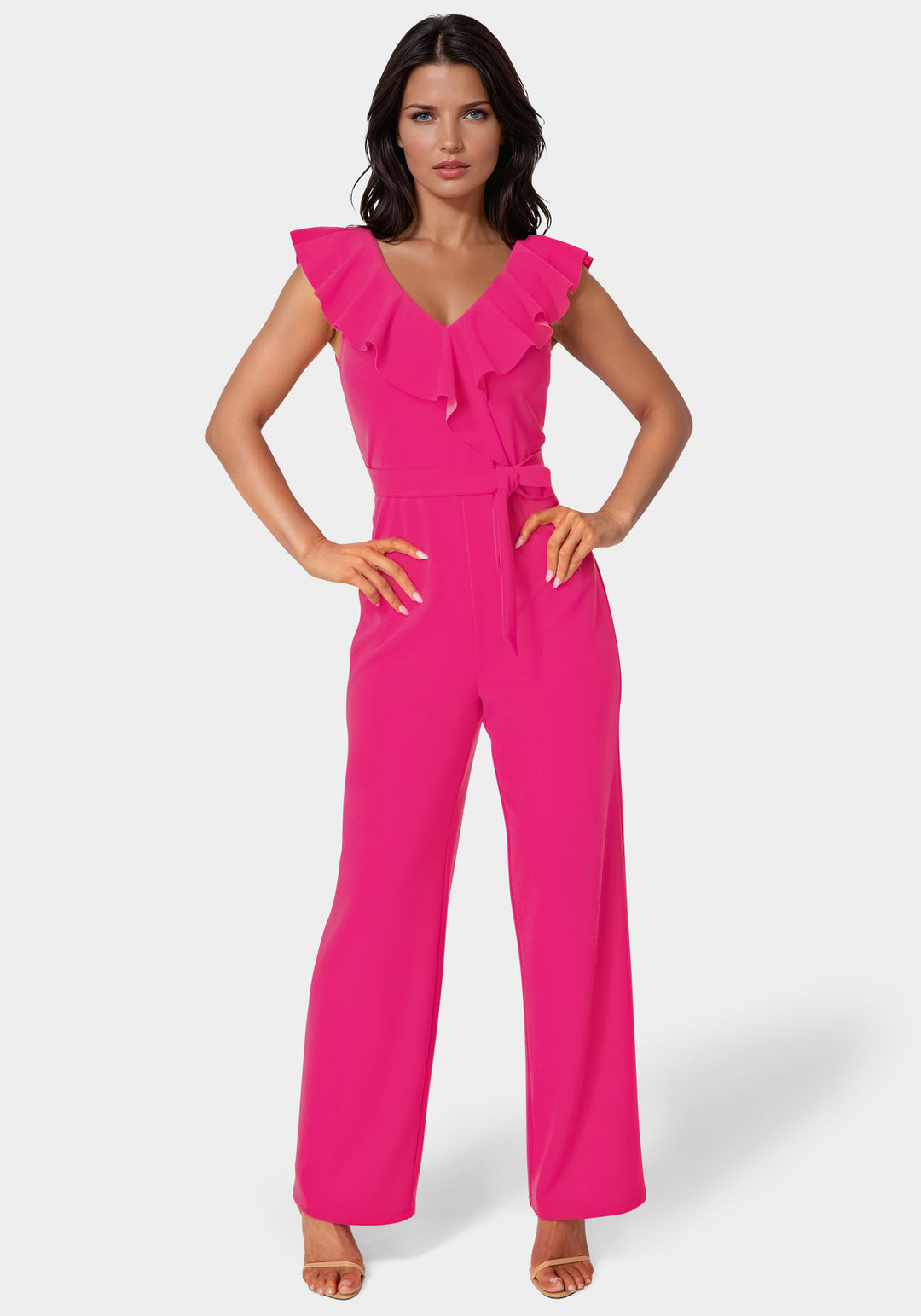 Front View-V-Neck Ruffle Scuba Crepe Jumpsuit-Fuchsia