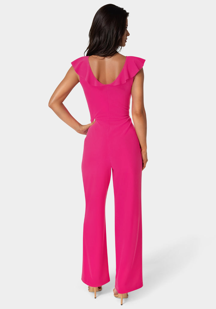 Back View-V-Neck Ruffle Scuba Crepe Jumpsuit-Fuchsia