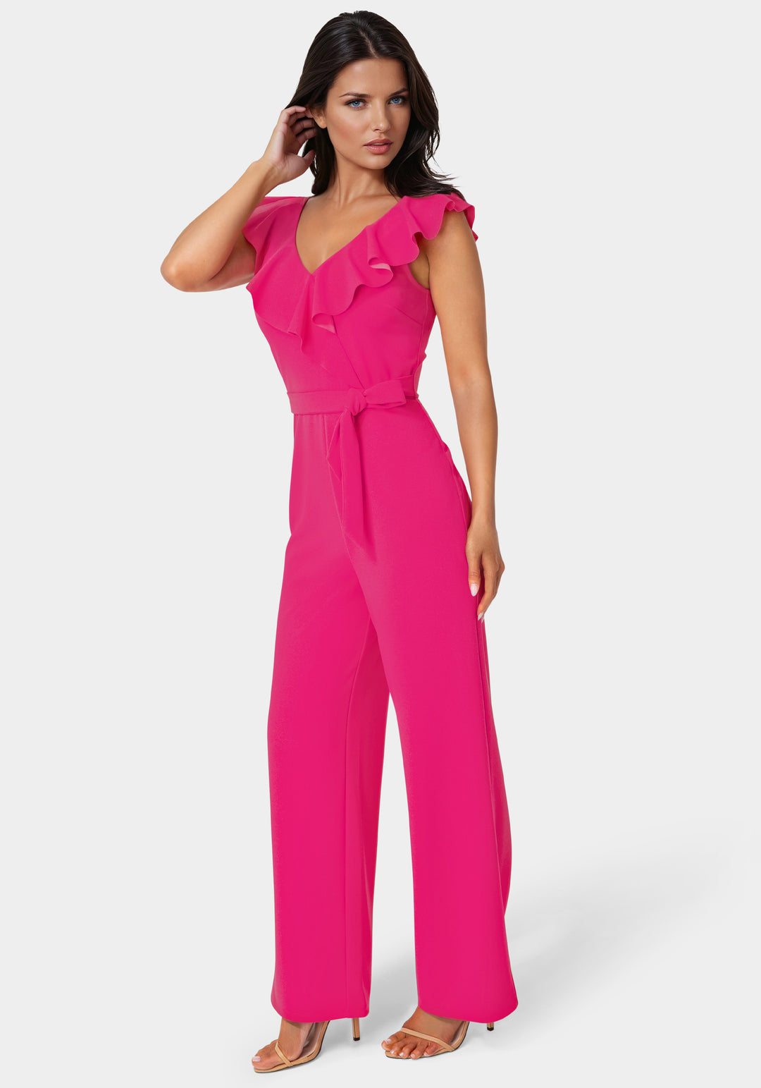 Side View-V-Neck Ruffle Scuba Crepe Jumpsuit-Fuchsia