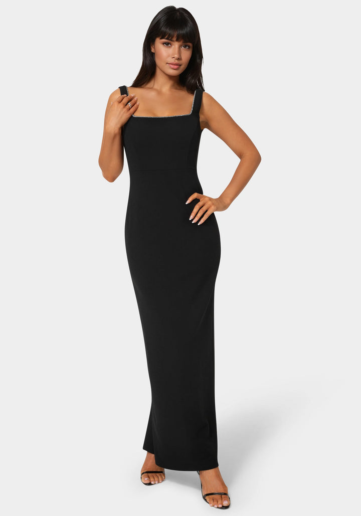 Front View-Square Neck Maxi Dress with Rhinestone-BLACK