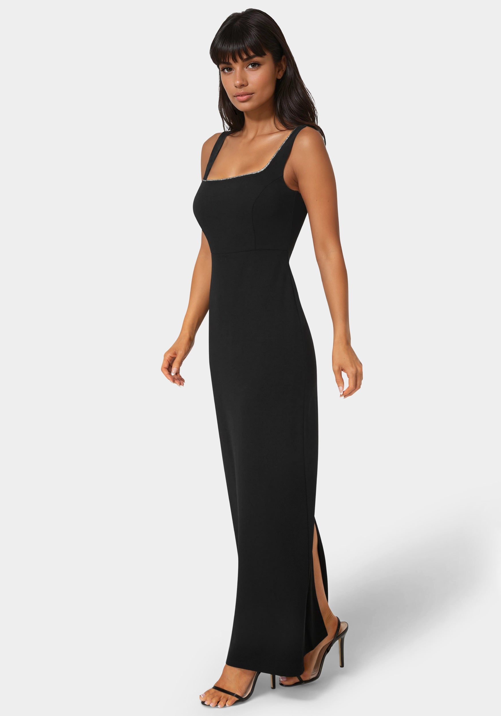 Side View-Square Neck Maxi Dress with Rhinestone-BLACK