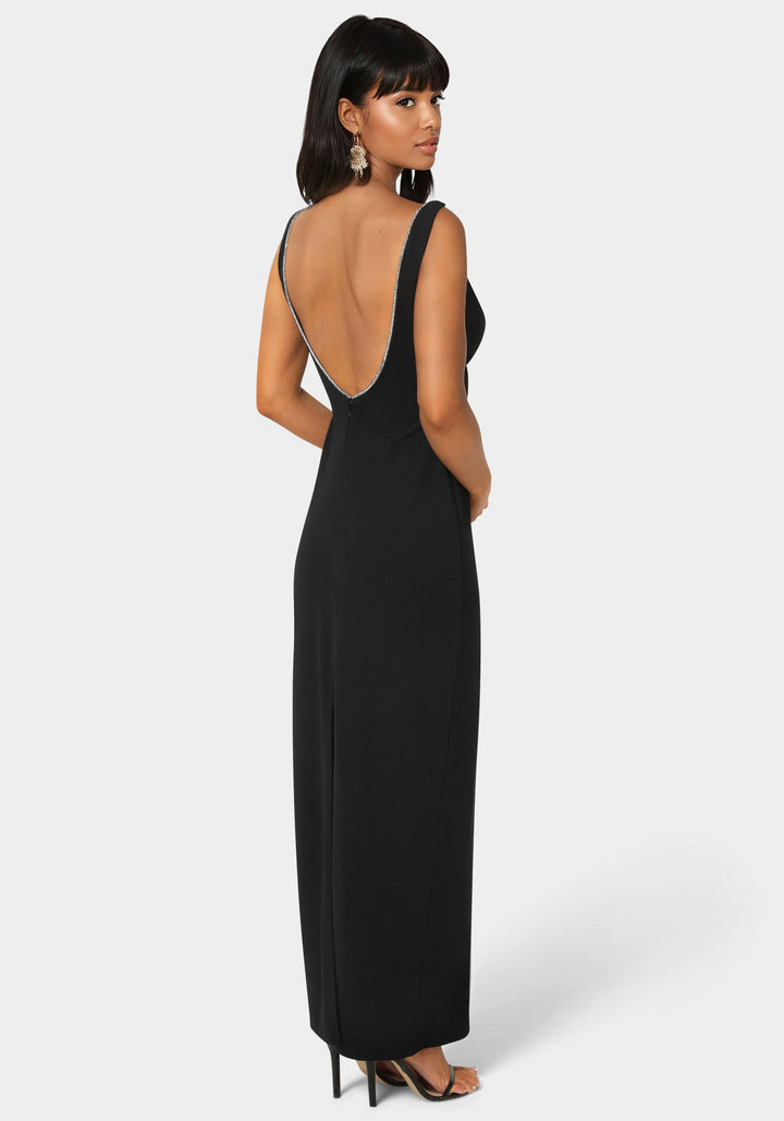 Back View-Square Neck Maxi Dress with Rhinestone-BLACK