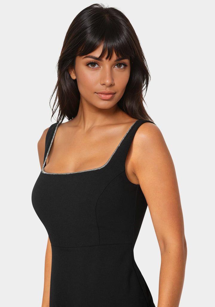 Other View-Square Neck Maxi Dress with Rhinestone-BLACK