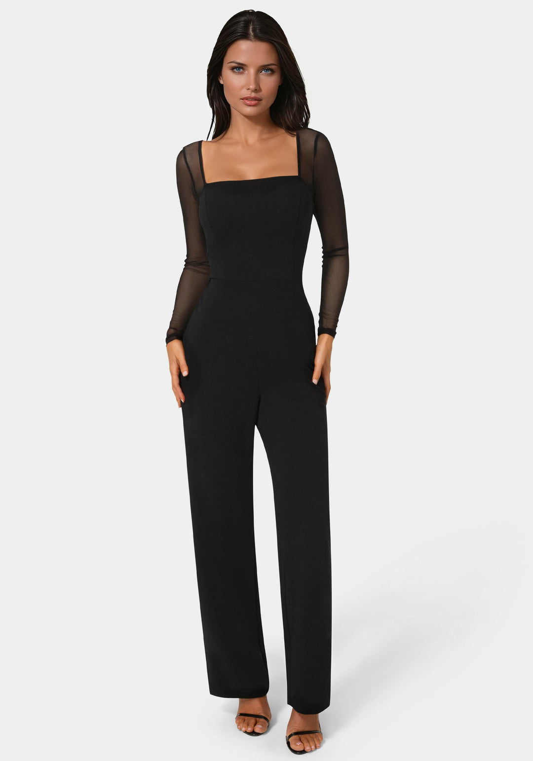 Front View-Scuba Mesh Square Neck Jumpsuit-BLACK