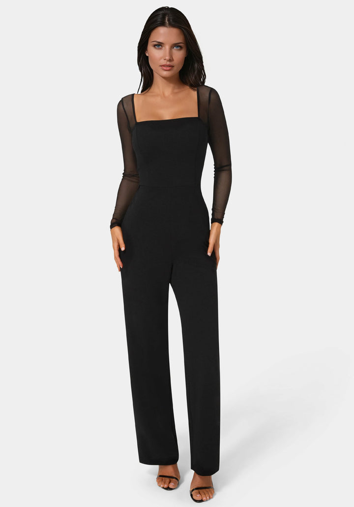 Front View-Scuba Mesh Square Neck Jumpsuit-BLACK