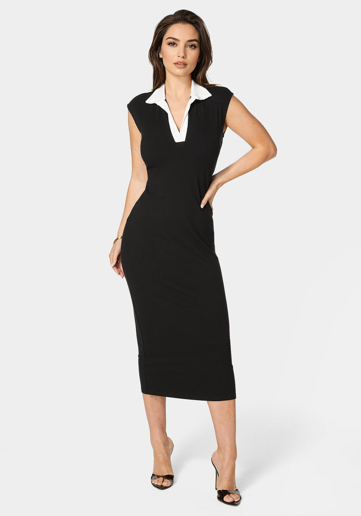 Colorblock Rib Column Dress With Collar – bebe