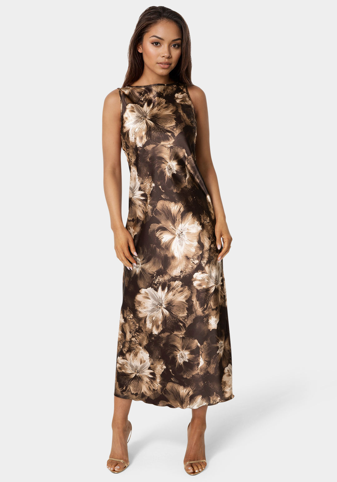 Front View-Satin Sleeveless A-Line Maxi Dress-Brown/Multi