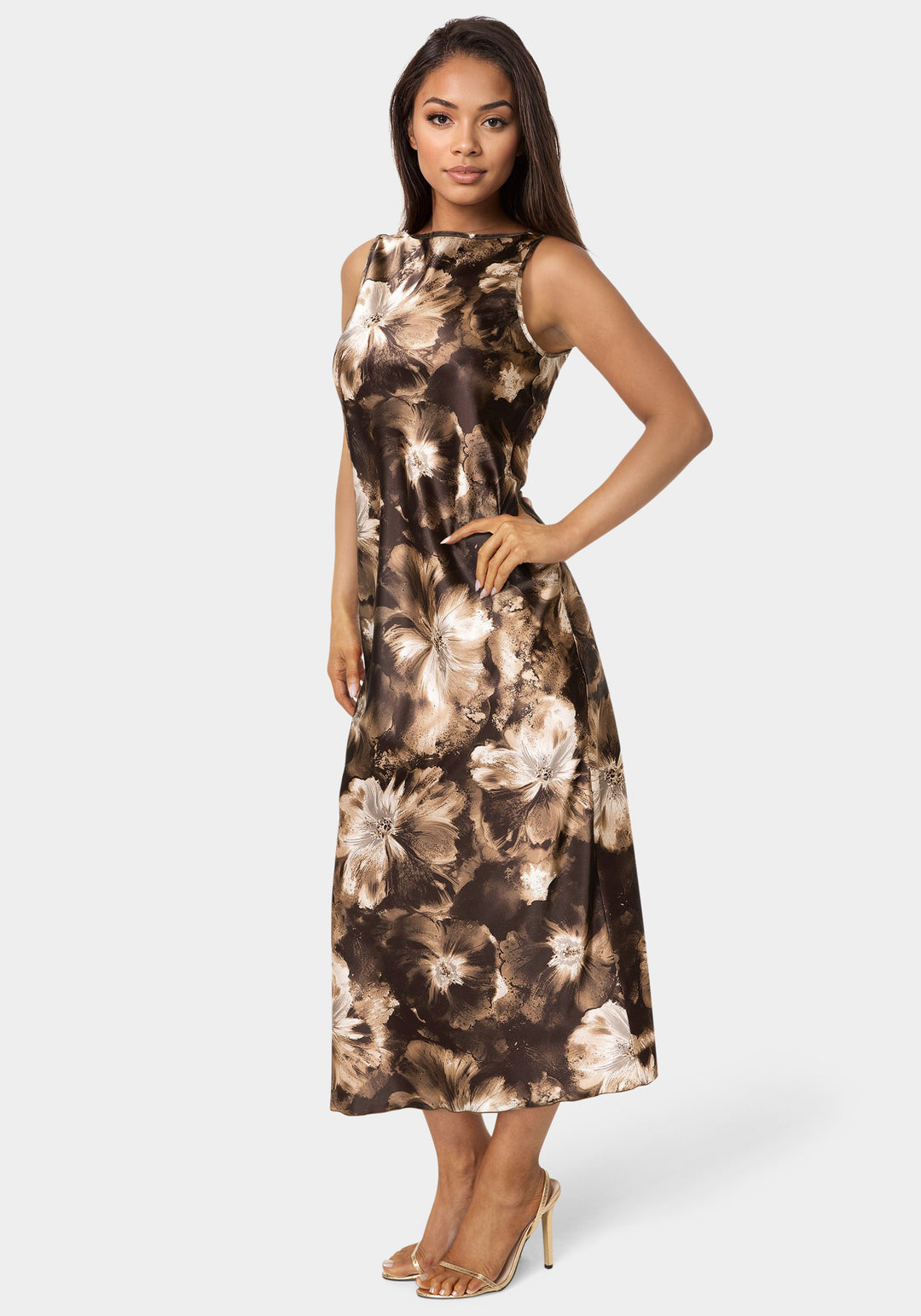 Side View-Satin Sleeveless A-Line Maxi Dress-Brown/Multi