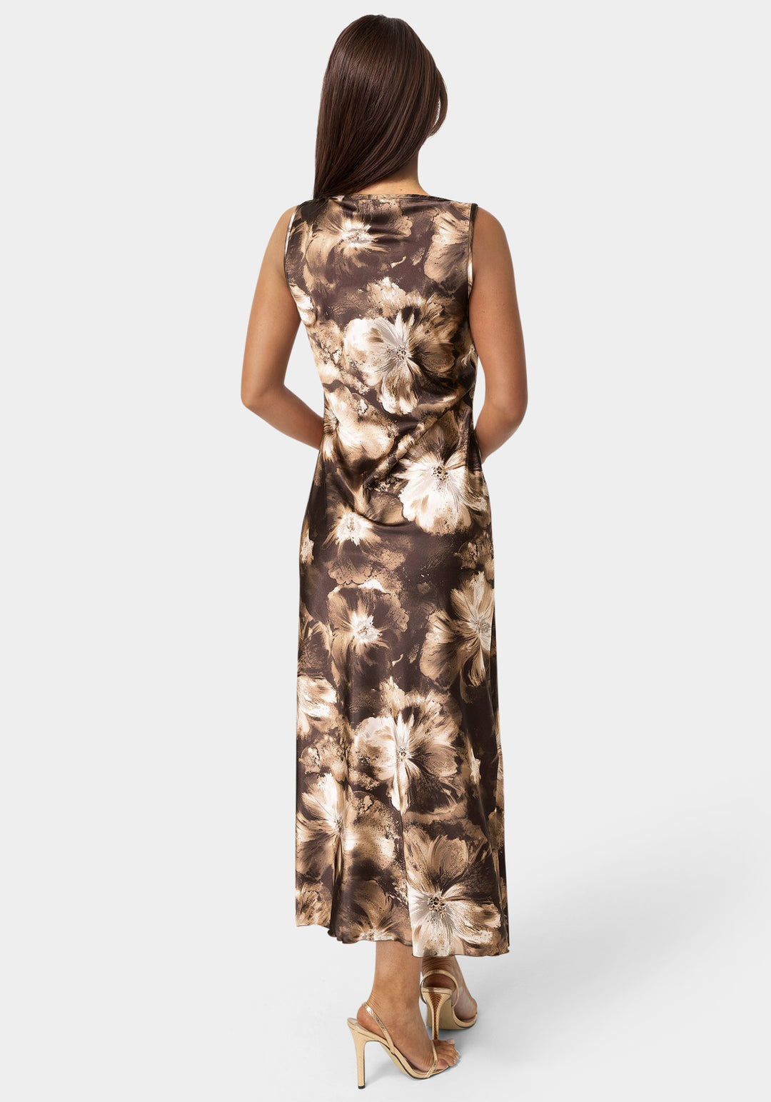 Back View-Satin Sleeveless A-Line Maxi Dress-Brown/Multi