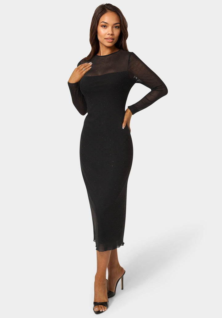 Front View-Rhinestone Mesh Long Sleeve Maxi Dress-BLACK