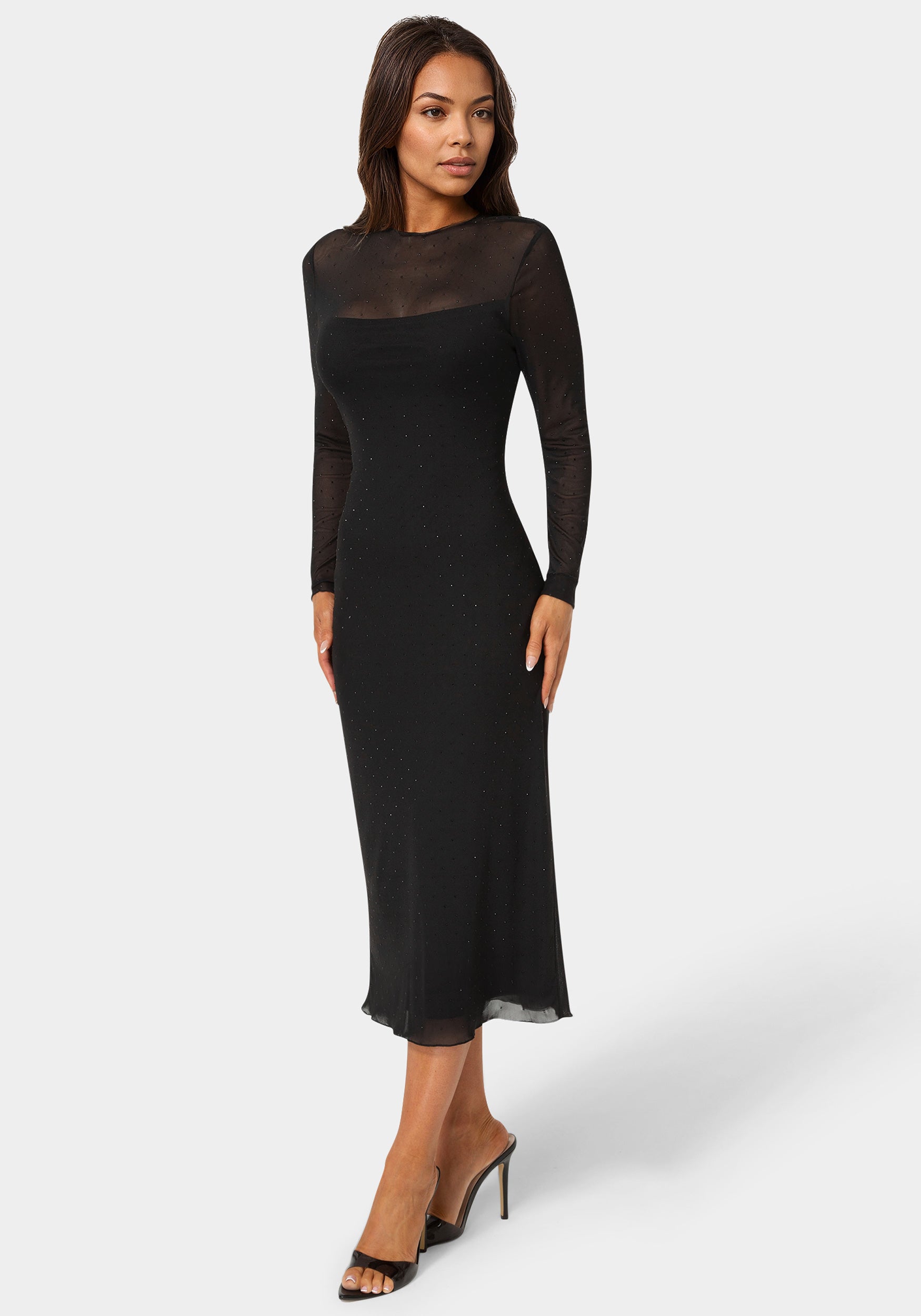 Bebe Women's Rhinestone Mesh Long Sleeve Maxi Dress, Black, Medium