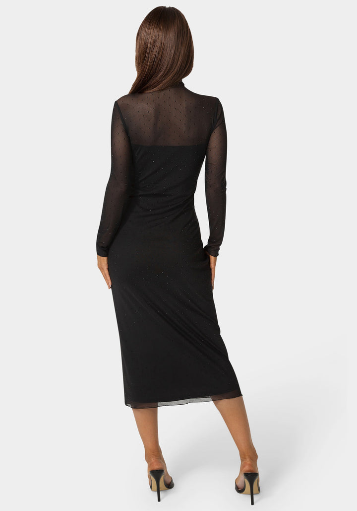 Back View-Rhinestone Mesh Long Sleeve Maxi Dress-BLACK