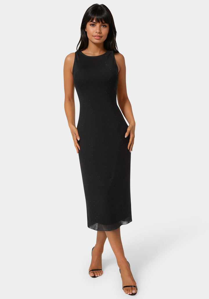 Front View-Powermesh Rhinestone Sleeveless Maxi Dress-BLACK