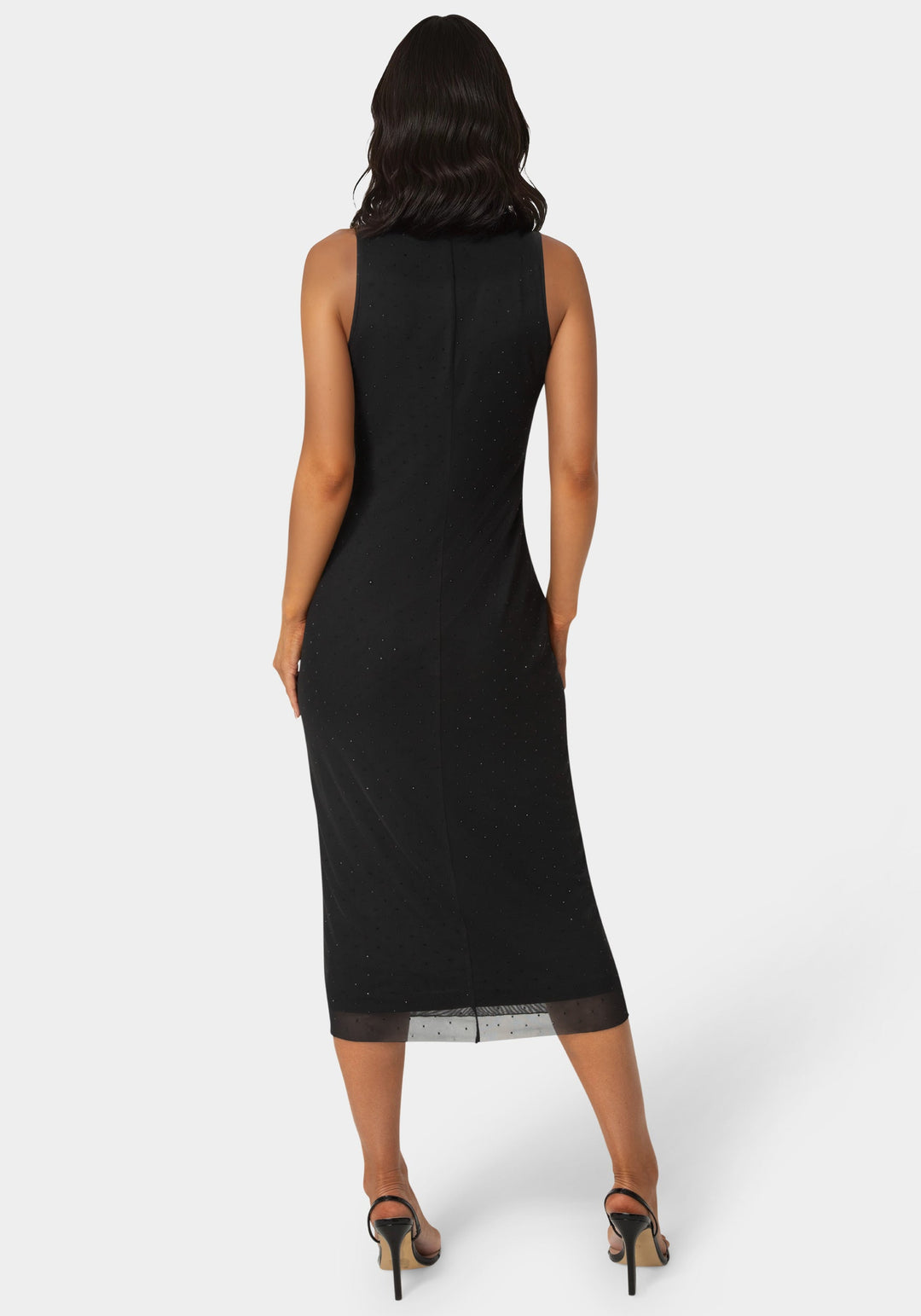 Back View-Powermesh Rhinestone Sleeveless Maxi Dress-BLACK
