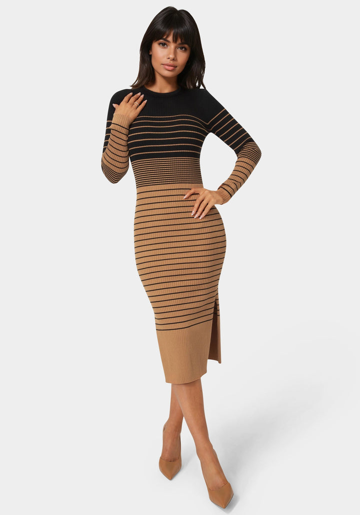 Front View-Stripe Rib Long Sleeve Maxi Dress-CAMEL/BLACK