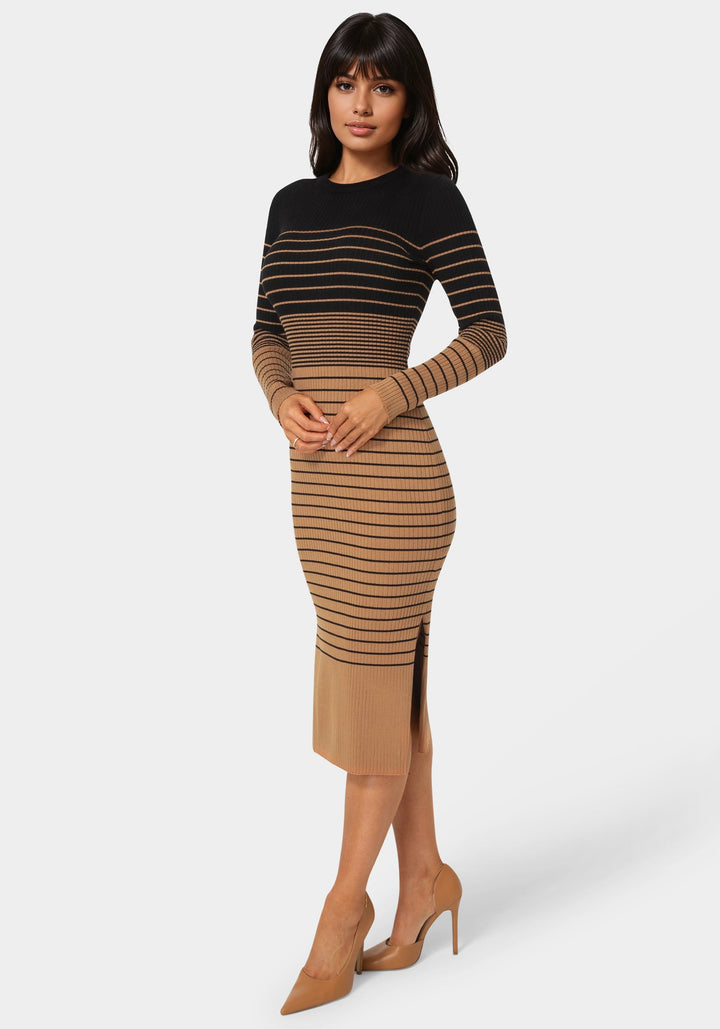 Side View-Stripe Rib Long Sleeve Maxi Dress-CAMEL/BLACK