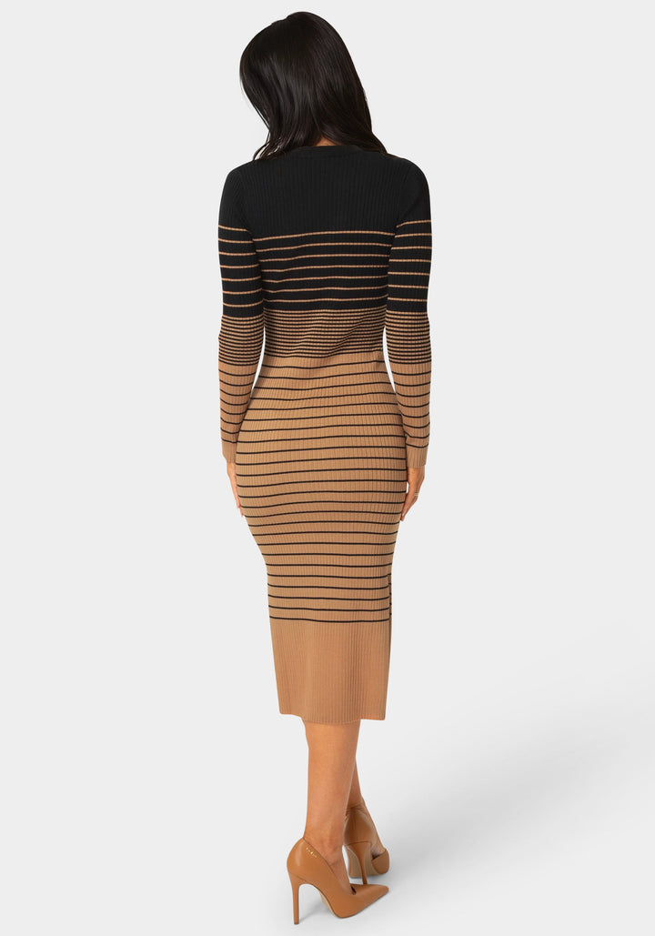 Back View-Stripe Rib Long Sleeve Maxi Dress-CAMEL/BLACK