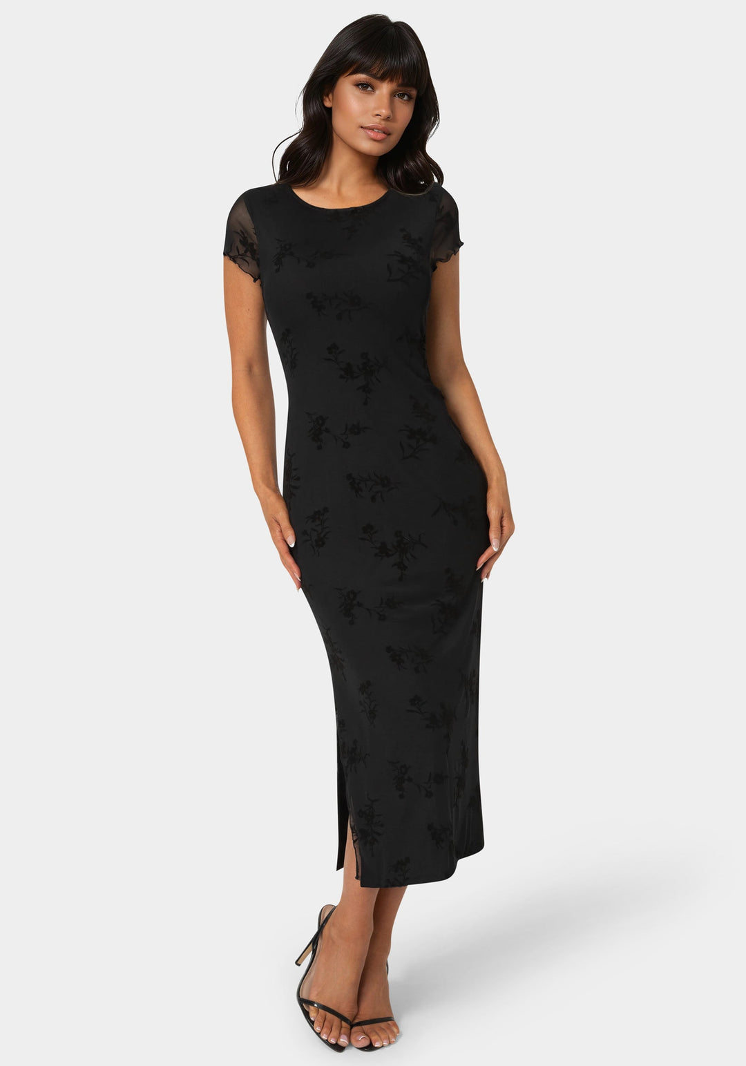 Front View-Flocking Mesh T-Short Maxi Dress-BLACK
