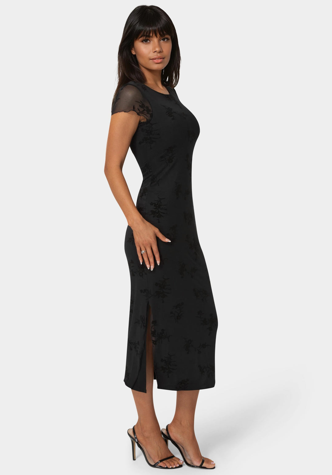 Side View-Flocking Mesh T-Short Maxi Dress-BLACK