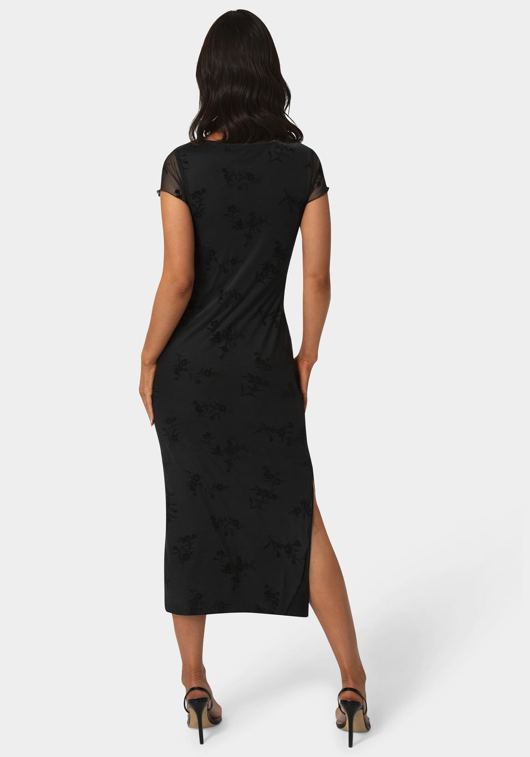 Back View-Flocking Mesh T-Short Maxi Dress-BLACK