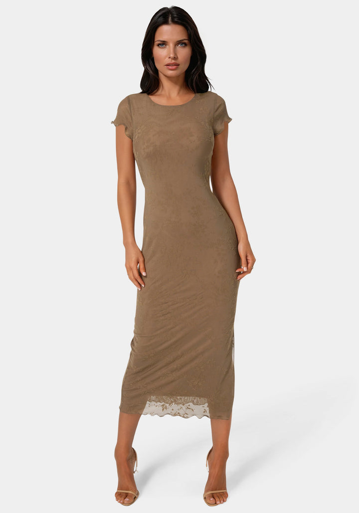 Front View-Flocking Mesh T-Short Maxi Dress-MOCHA