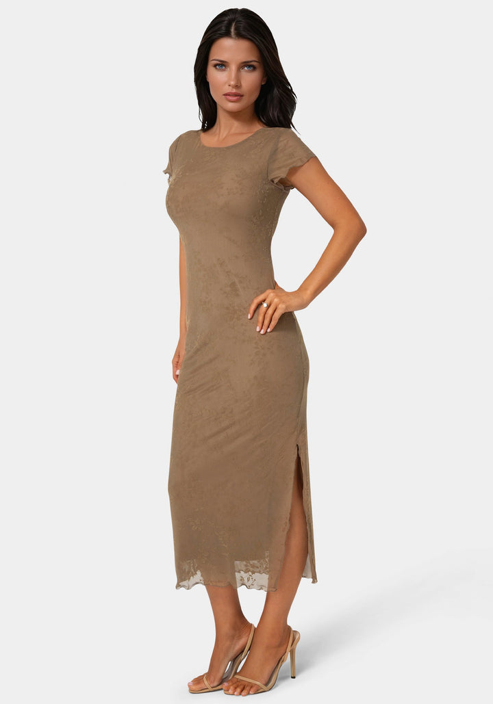 Side View-Flocking Mesh T-Short Maxi Dress-MOCHA