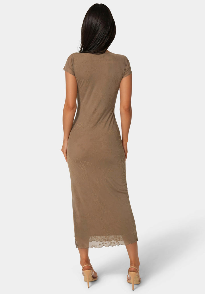 Back View-Flocking Mesh T-Short Maxi Dress-MOCHA