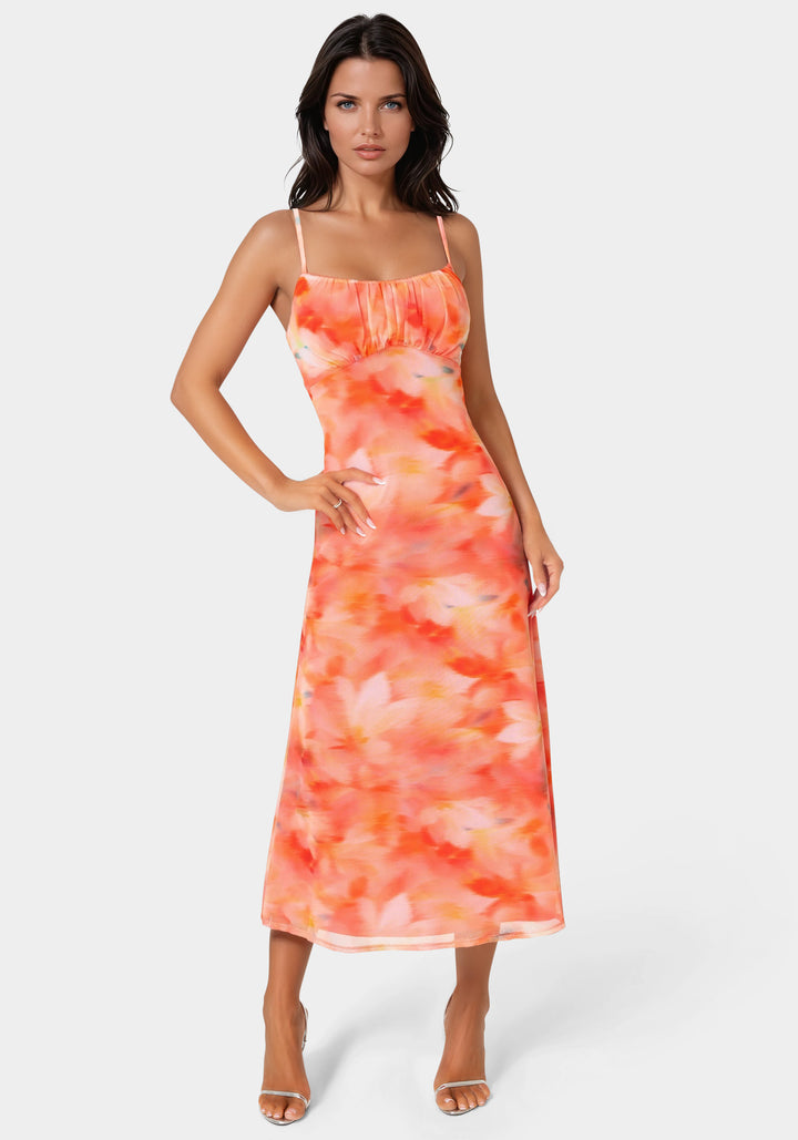 Front View-Powermesh Marble Shirred Bust A-Line Dress-ORANGE/MULTI