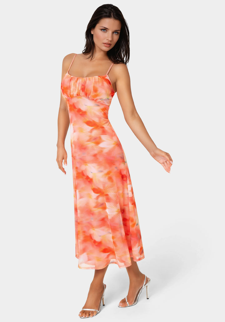 Side View-Powermesh Marble Shirred Bust A-Line Dress-ORANGE/MULTI