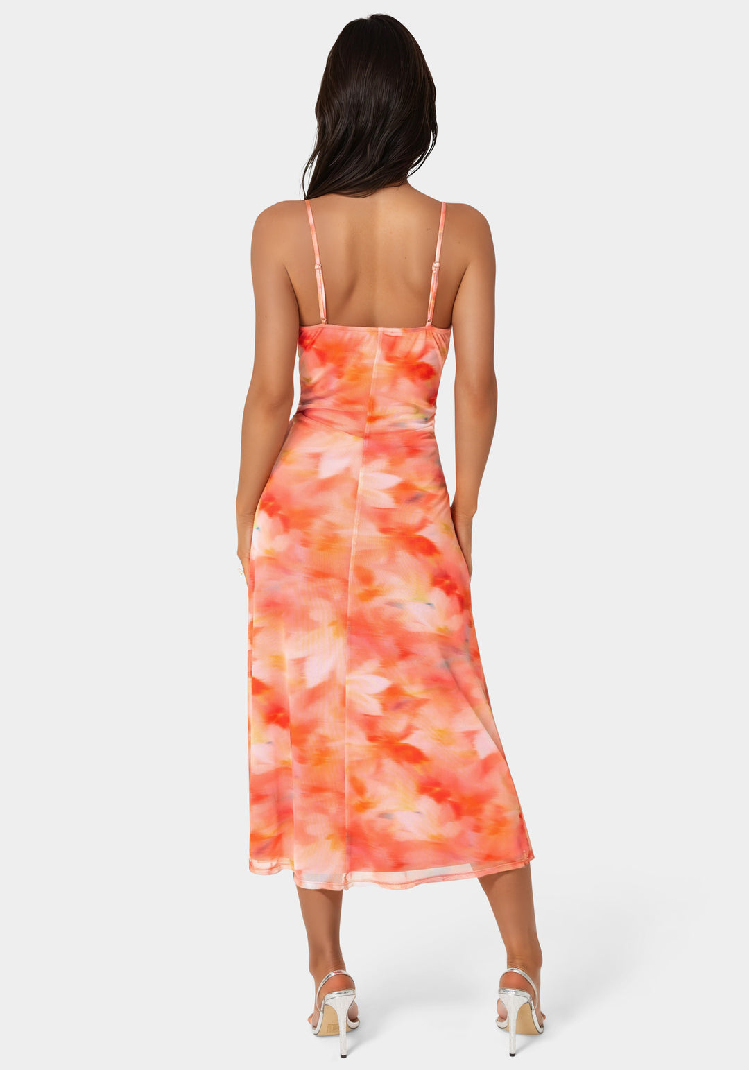 Back View-Powermesh Marble Shirred Bust A-Line Dress-ORANGE/MULTI