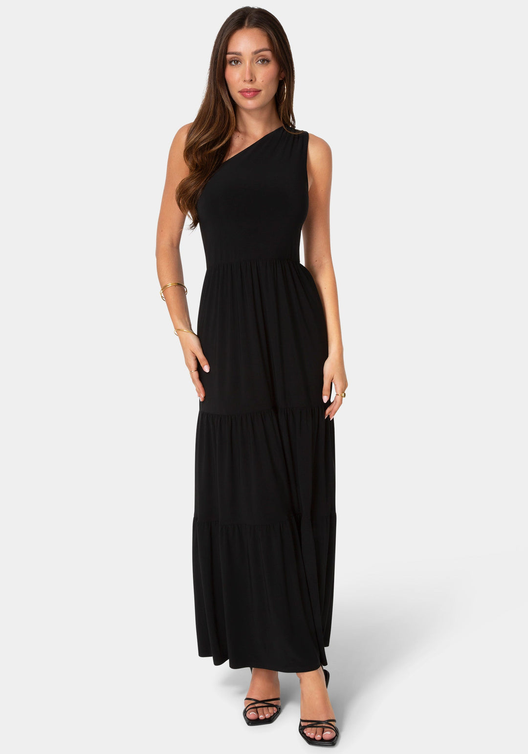 Front View-Jersey One Shoulder Tiered Maxi Dress-Black