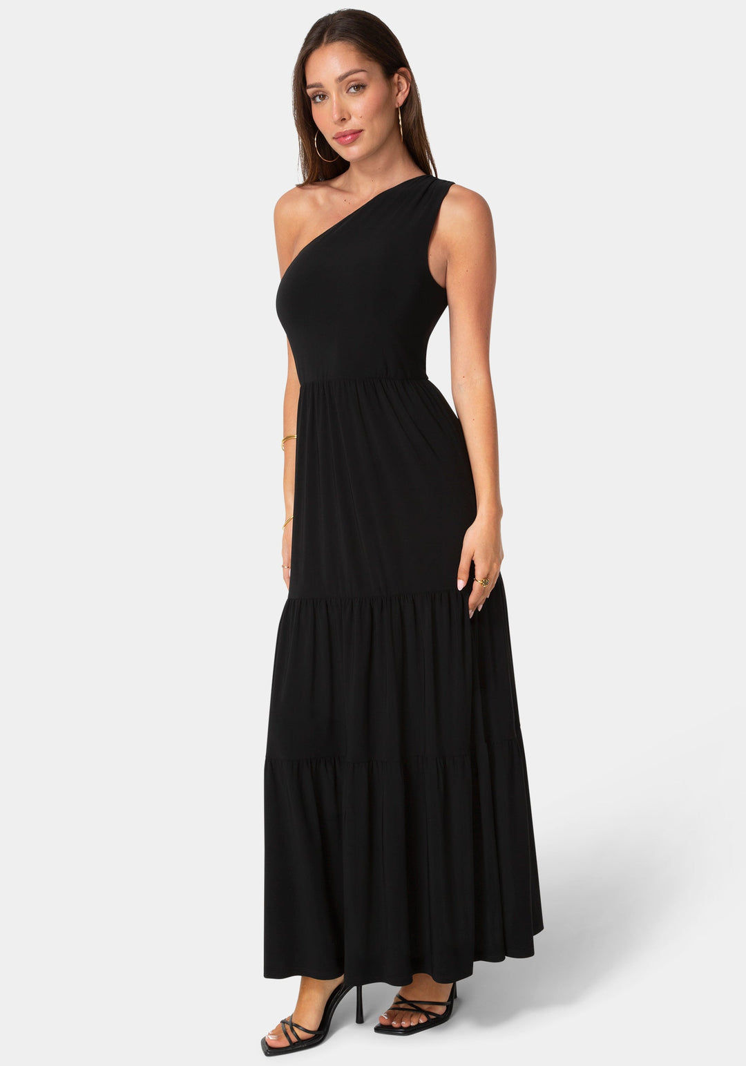 Side View-Jersey One Shoulder Tiered Maxi Dress-Black