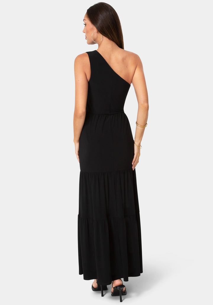 Back View-Jersey One Shoulder Tiered Maxi Dress-Black