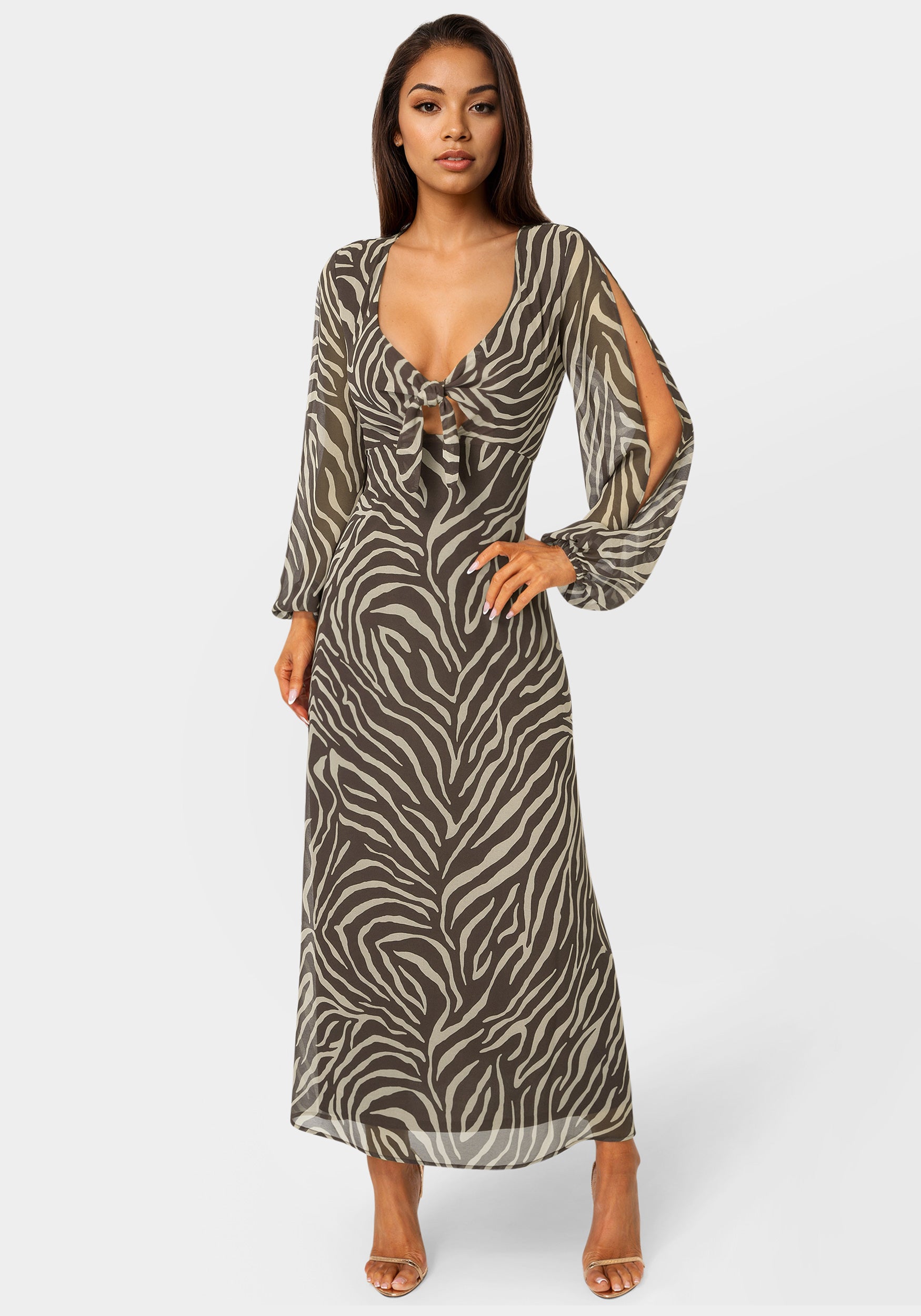 Bebe Women's Printed Chiffon Tie Front Maxi Dress, XS